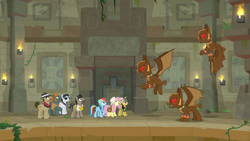 Size: 1920x1080 | Tagged: safe, screencap, character:biff, character:daring do, character:doctor caballeron, character:fluttershy, character:rainbow dash, character:rogue, character:withers, species:earth pony, species:gargoyle, species:pegasus, species:pony, episode:daring doubt, g4, my little pony: friendship is magic, guardiangoyle, henchmen