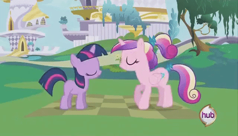 Size: 475x273 | Tagged: safe, screencap, character:princess cadance, character:twilight sparkle, species:alicorn, species:pony, species:unicorn, episode:a canterlot wedding, g4, my little pony: friendship is magic, animated, butt shake, canterlot, clapping ponies, cute, female, filly, filly twilight sparkle, foal, foalsitter, friendship chant, gif, hiding, hoof touching, hub logo, laughing, laying on floor, laying on ground, peekaboo, sunshine sunshine, teen princess cadance, trotting, younger