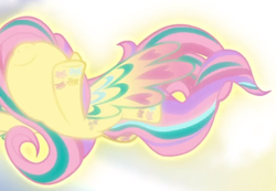 Size: 720x497 | Tagged: safe, screencap, character:fluttershy, species:pegasus, species:pony, episode:twilight's kingdom, g4, my little pony: friendship is magic, cropped, flying, glow, nose in the air, rainbow power, rainbow power-ified, smiling, solo, spread wings, wings