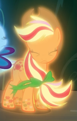 Size: 387x603 | Tagged: safe, screencap, character:applejack, episode:twilight's kingdom, g4, my little pony: friendship is magic, cropped, eyes closed, glow, rainbow power, rainbow power-ified, solo
