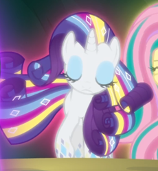 Size: 484x526 | Tagged: safe, screencap, character:rarity, episode:twilight's kingdom, g4, my little pony: friendship is magic, cropped, eyes closed, glow, rainbow power, rainbow power-ified, solo