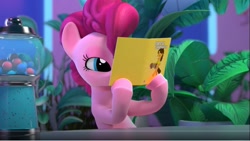 Size: 1231x694 | Tagged: safe, screencap, character:cheese sandwich, character:pinkie pie, accordion, book, candy, food, gumball, gumball machine, hello pinkie pie, musical instrument, plant, reading