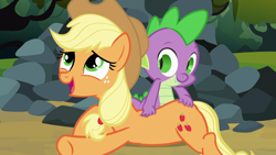 Size: 1920x1080 | Tagged: safe, screencap, character:applejack, character:spike, species:dragon, species:earth pony, species:pony, episode:spike at your service, g4, my little pony: friendship is magic, back scratching, butt touch, female, hand on butt, happy, lip bite, male, mare, open mouth, out of context, rock, scratching, smiling