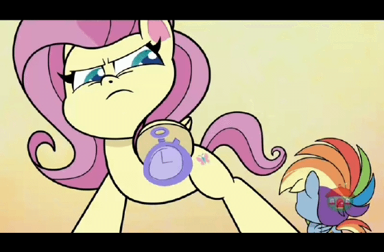 Size: 560x368 | Tagged: safe, screencap, character:fluttershy, character:rainbow dash, species:pony, episode:death of a sales-pony, g4.5, my little pony:pony life, spoiler:pony life s01e08, spoilers for another series, animated, dexterous hooves, female, giant pony, giantess, giantshy, gif, macro, stopwatch