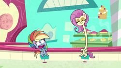 Size: 1920x1080 | Tagged: safe, screencap, character:fluttershy, character:rainbow dash, episode:potion mystery, g4.5, my little pony:pony life, spoiler:pony life s01e19, impossibly long neck, long neck, sugarcube corner, wat