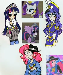 Size: 1747x2073 | Tagged: safe, artist:citi, screencap, character:pinkie pie, character:rarity, character:twilight sparkle, character:twilight sparkle (alicorn), species:alicorn, species:human, species:pony, episode:testing testing 1-2-3, g4, my little pony: friendship is magic, ancient wonderbolts uniform, commander easy glider, humanized, rapper pie, scene interpretation, screencap reference, sgt. rarity, sunglasses, traditional art