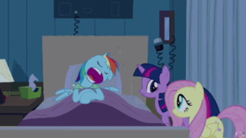 Size: 480x270 | Tagged: safe, screencap, character:fluttershy, character:rainbow dash, character:twilight sparkle, species:pegasus, species:pony, species:unicorn, episode:read it and weep, g4, my little pony: friendship is magic, animated, bed, eyes closed, floppy ears, hospital bed, one eye open, pretending, sleeping, snoring