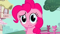 Size: 1280x720 | Tagged: safe, screencap, character:pinkie pie, episode:a friend in deed, g4, my little pony: friendship is magic, confused, floppy ears, looking at you, solo
