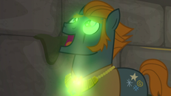 Size: 1920x1080 | Tagged: safe, screencap, character:rogue, species:earth pony, species:pony, episode:daring doubt, g4, my little pony: friendship is magic, glow, glowing eyes, male, solo, stallion, truth talisman