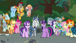 Size: 390x220 | Tagged: safe, screencap, character:applejack, character:fluttershy, character:meadowbrook, character:pinkie pie, character:rainbow dash, character:rarity, character:rockhoof, character:somnambula, character:spike, character:star swirl the bearded, character:starlight glimmer, character:sunburst, character:twilight sparkle, character:twilight sparkle (alicorn), species:alicorn, species:dragon, species:earth pony, species:pegasus, species:pony, species:unicorn, episode:shadow play, g4, my little pony: friendship is magic, angry, destroyed, eaten, flying, looking at someone, pinkie pie is not amused, ponehenge, rainbow dash is not amused, rockhoof is not amused, socks (coat marking), somnambula is not amused, spike is not amused, star swirl is not amused, starlight is not amused, sunburst is not amused, twilight is not amused, unamused, wall of tags
