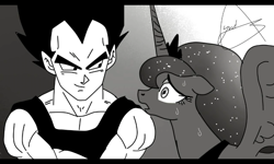 Size: 800x480 | Tagged: safe, artist:yordisz, screencap, character:princess luna, species:alicorn, species:pony, arrogant, black and white, crossover, crossover shipping, dragon ball z, fanfic art, grayscale, monochrome, nervous, shipping, vegeta