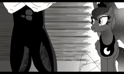 Size: 800x480 | Tagged: safe, artist:yordisz, screencap, character:princess luna, species:alicorn, species:pony, black and white, crossed arms, crossover, crossover shipping, curiosity, dragon ball z, fanfic art, grayscale, monochrome, shipping, vegeta