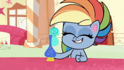 Size: 1920x1080 | Tagged: safe, screencap, character:fluttershy, character:rainbow dash, character:sonic the hedgehog, species:pegasus, species:pony, episode:potion mystery, g4.5, my little pony:pony life, spoiler:pony life s01e19, animated, bipedal, chair, eyes closed, laughing, magic, pose, potion, running, running in place, sitting, smiling, sonic dash, sonic the hedgehog (series), sonic-style rainbow dash, sound, sugarcube corner, talking, webm, wheel o feet, wings