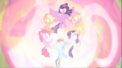 Size: 1669x938 | Tagged: safe, screencap, character:applejack, character:fluttershy, character:pinkie pie, character:rainbow dash, character:rarity, character:twilight sparkle, character:twilight sparkle (alicorn), species:alicorn, species:pony, episode:the beginning of the end, g4, my little pony: friendship is magic, cropped, ethereal mane, glowing eyes, glowing horn, group, holding hooves, horn, magic, magic aura, magic of friendship, mane six, spread wings, wings
