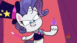 Size: 1669x929 | Tagged: safe, screencap, character:rarity, species:pony, species:unicorn, episode:disappearing act, g4.5, my little pony:pony life, spoiler:pony life s01e12, magician outfit, magician rarity, solo, treehouse logo