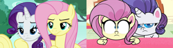 Size: 2560x720 | Tagged: safe, screencap, character:fluttershy, character:rarity, species:changeling, species:pegasus, species:pony, species:unicorn, episode:to where and back again, g4, g4.5, my little pony: friendship is magic, my little pony:pony life, comparison, disguise, disguised changeling