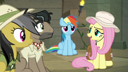 Size: 1920x1080 | Tagged: safe, screencap, character:daring do, character:doctor caballeron, character:fluttershy, character:rainbow dash, species:earth pony, species:pegasus, species:pony, episode:daring doubt, g4, my little pony: friendship is magic, torch