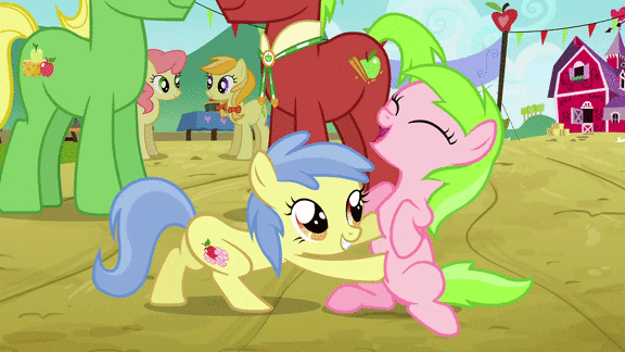 Size: 576x324 | Tagged: safe, screencap, character:apple cinnamon, character:apple flora, character:gala appleby, character:jonagold, character:pink lady, character:sweet tooth, character:wensley, species:earth pony, species:pony, episode:apple family reunion, g4, my little pony: friendship is magic, animated, apple family member, bellyrubs, cute, diabetes, duo focus, eyes closed, female, filly, gif, grin, male, mare, open mouth, sitting, smiling, stallion, tickling, underhoof