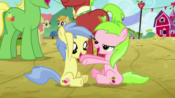 Size: 576x324 | Tagged: safe, screencap, character:apple cinnamon, character:apple flora, character:gala appleby, character:jonagold, character:pink lady, character:sweet tooth, character:wensley, species:pony, episode:apple family reunion, g4, my little pony: friendship is magic, animated, apple family member, cute, diabetes, eyes closed, female, filly, gif, grin, hoofbump, male, mare, open mouth, sitting, smiling, stallion, underhoof