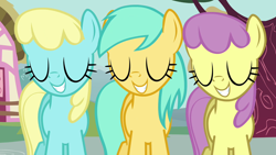 Size: 1280x720 | Tagged: safe, screencap, character:parasol, character:sassaflash, character:sunshower raindrops, species:pegasus, species:pony, episode:a friend in deed, g4, my little pony: friendship is magic, eyes closed, female, grin, mare, smile song, smiling, trio