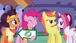 Size: 1280x720 | Tagged: safe, screencap, character:cayenne, character:citrus blush, character:pinkie pie, character:saffron masala, species:earth pony, species:pony, species:unicorn, episode:spice up your life, g4, my little pony: friendship is magic, annoyed, clothing, eyes closed, female, grin, mare, smiling