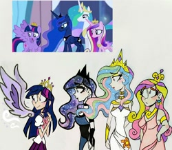 Size: 2453x2139 | Tagged: safe, artist:citi, screencap, character:princess cadance, character:princess celestia, character:princess luna, character:twilight sparkle, character:twilight sparkle (alicorn), species:alicorn, species:human, species:pony, episode:twilight's kingdom, g4, my little pony: friendship is magic, artificial wings, augmented, clothing, crown, cutie mark, cutie mark accessory, cutie mark on clothes, ear piercing, earring, female, humanized, jewelry, magic, piercing, regalia, scene interpretation, screencap reference, starry hair, traditional art, winged humanization, wings