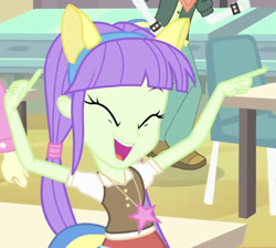 Size: 586x526 | Tagged: safe, screencap, character:starlight, equestria girls:equestria girls, g4, my little pony:equestria girls, cafeteria, cropped, dancing, eyes closed, female, happy, pony ears, starlight, wondercolt ears
