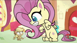 Size: 960x540 | Tagged: safe, screencap, character:applejack, character:fluttershy, species:earth pony, species:pegasus, species:pony, g4.5, my little pony:pony life, spoiler:pony life s01e07, adoracreepy, animated, creepy, cute, female, giant pegasus, giantshy, liarjack, lies, looking at you, macro, mare, shyabetes, sound, stare, staring into your soul, the stare, the trail less trotten, webm