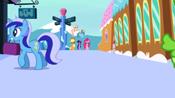 Size: 1280x720 | Tagged: safe, screencap, character:applejack, character:fluttershy, character:minuette, character:pinkie pie, character:rainbow dash, character:twilight sparkle, character:twilight sparkle (unicorn), species:earth pony, species:pegasus, species:pony, species:unicorn, episode:games ponies play, g4, my little pony: friendship is magic, bag, female, mare, train, walking