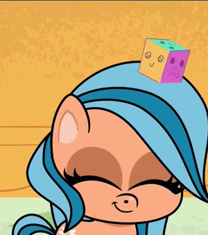 Size: 300x338 | Tagged: safe, screencap, species:pony, derpibooru, episode:how applejack got her hat back, g4.5, my little pony:pony life, spoiler:pony life s01e04, animated, cropped, cute, everything is ruined, gif, juxtaposition, meta, solo, squishy cube, unnamed character, unnamed pony