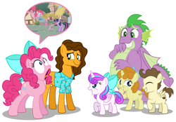 Size: 1280x892 | Tagged: safe, artist:aleximusprime, screencap, character:cheese sandwich, character:pinkie pie, character:pound cake, character:princess flurry heart, character:pumpkin cake, character:spike, character:twilight sparkle, character:twilight sparkle (unicorn), species:dragon, species:pony, species:unicorn, episode:friendship is magic, g4, my little pony: friendship is magic, adult, adult spike, bow, cheesy as pie, chubby, chubby spike, clothing, colt pound cake, dialogue, fat spike, filly, filly flurry heart, filly pumpkin cake, flurry heart's story, giggling, hair bow, hawaiian shirt, inhaling, laughing, older, older flurry heart, older pound cake, older pumpkin cake, older spike, plump, reenactment, shirt, silly, simple background, speech bubble, sucking in, thin, transparent background, winged spike
