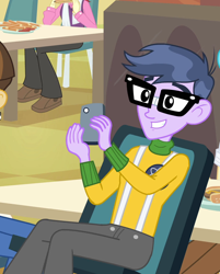 Size: 868x1080 | Tagged: safe, screencap, character:bright idea, character:microchips, character:nolan north, character:wiz kid, equestria girls:equestria girls, g4, my little pony:equestria girls, bright idea, cellphone, chair, cropped, food, french fries, nolan north, offscreen character, phone, wiz kid