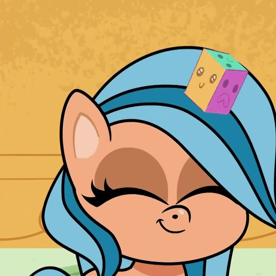 Size: 960x960 | Tagged: safe, screencap, derpibooru, episode:how applejack got her hat back, g4.5, my little pony:pony life, spoiler:pony life s01e04, animated, cropped, cute, gif, juxtaposition, juxtaposition win, meme, meta, squishy cube