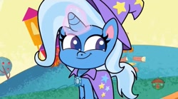 Size: 917x509 | Tagged: safe, screencap, character:trixie, episode:friendship gems, g4.5, my little pony:pony life, spoiler:pony life s01e17, cape, clothing, hat, magic, magic aura, solo