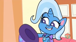Size: 1671x927 | Tagged: safe, screencap, character:trixie, episode:friendship gems, g4.5, my little pony:pony life, spoiler:pony life s01e17, cape, clothing, hat, solo