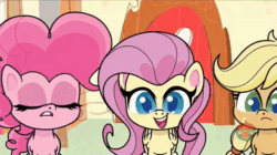 Size: 1920x1072 | Tagged: safe, screencap, character:applejack, character:fluttershy, character:pinkie pie, character:rainbow dash, species:earth pony, species:pegasus, species:pony, episode:friendship gems, g4.5, my little pony:pony life, spoiler:pony life s01e17, animated, creepy, creepy smile, shrunken pupils, smiling, sound, sugarcube corner, surprise creepy, talking, webm, wings