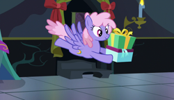 Size: 1280x738 | Tagged: safe, screencap, character:rainbowshine, species:pegasus, species:pony, episode:a hearth's warming tail, g4, my little pony: friendship is magic, female, flying, mare, present