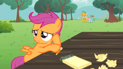 Size: 1920x1080 | Tagged: safe, screencap, species:pegasus, species:pony, species:unicorn, episode:ponyville confidential, g4, my little pony: friendship is magic, animated, bubblegum, colt, female, filly, food, gum, male, paper, pencil, shaved, sitting, sound, stuck together, tree, webm