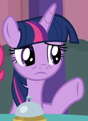 Size: 458x628 | Tagged: safe, screencap, character:twilight sparkle, character:twilight sparkle (alicorn), species:alicorn, species:pony, episode:a trivial pursuit, g4, my little pony: friendship is magic, bell, cropped, dejected, frown, sad, solo