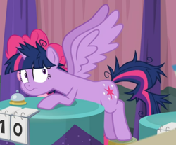 Size: 744x615 | Tagged: safe, screencap, character:twilight sparkle, character:twilight sparkle (alicorn), species:alicorn, species:pony, episode:a trivial pursuit, g4, my little pony: friendship is magic, cropped, faec, messy mane, messy tail, solo, spread wings, table, twilight snapple, wings