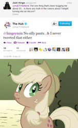 Size: 500x821 | Tagged: safe, screencap, character:applejack, episode:the return of harmony, g4, my little pony: friendship is magic, liarjack, lies, palindrome get, silly pants, the hub, twitter