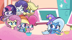 Size: 1920x1080 | Tagged: safe, screencap, character:applejack, character:fluttershy, character:pinkie pie, character:rainbow dash, character:rarity, character:trixie, character:twilight sparkle, species:alicorn, species:pony, episode:friendship gems, g4.5, my little pony:pony life, spoiler:pony life s01e17, alicornified, animation error, bowl, clothing, hat, mane six, race swap, smiling, trixiecorn