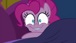 Size: 1280x720 | Tagged: safe, screencap, character:pinkie pie, species:earth pony, species:pony, episode:cakes for the memories, g4, bed, blanket, cute, female, girly, lip bite, looking at you, mare, pillow, smiling, solo