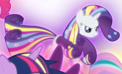 Size: 776x476 | Tagged: safe, screencap, character:rarity, episode:twilight's kingdom, g4, my little pony: friendship is magic, cropped, floating, glow, rainbow power, rainbow power-ified, smiling, solo