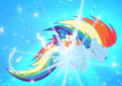 Size: 1254x888 | Tagged: safe, screencap, character:rainbow dash, species:pegasus, species:pony, episode:twilight's kingdom, g4, my little pony: friendship is magic, cropped, eyes closed, floating, glow, rainbow power, rainbow power-ified, smiling, solo