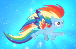Size: 1290x832 | Tagged: safe, screencap, character:rainbow dash, species:pegasus, species:pony, episode:twilight's kingdom, g4, my little pony: friendship is magic, cropped, floating, glow, rainbow power, rainbow power-ified, smiling, solo