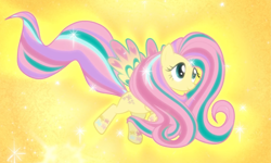 Size: 1437x865 | Tagged: safe, screencap, character:fluttershy, species:pegasus, species:pony, episode:twilight's kingdom, g4, my little pony: friendship is magic, cropped, floating, glow, rainbow power, rainbow power-ified, smiling, solo