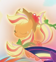 Size: 394x434 | Tagged: safe, screencap, character:applejack, episode:twilight's kingdom, g4, my little pony: friendship is magic, cropped, eyes closed, floating, glow, rainbow power, rainbow power-ified, smiling, solo