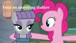 Size: 985x560 | Tagged: safe, screencap, character:maud pie, character:pinkie pie, species:earth pony, species:pony, g4, duo, duo female, female, grammar error, mare, text