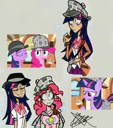Size: 2148x2435 | Tagged: safe, artist:citi, screencap, character:pinkie pie, character:twilight sparkle, species:human, episode:mmmystery on the friendship express, g4, my little pony: friendship is magic, bag, bowler hat, bubble pipe, clothing, deerstalker, detective, hat, humanized, pipe, saddle bag, scene interpretation, screencap reference, sherlock holmes, signature